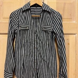 Dark grey and white striped button-up shirt
